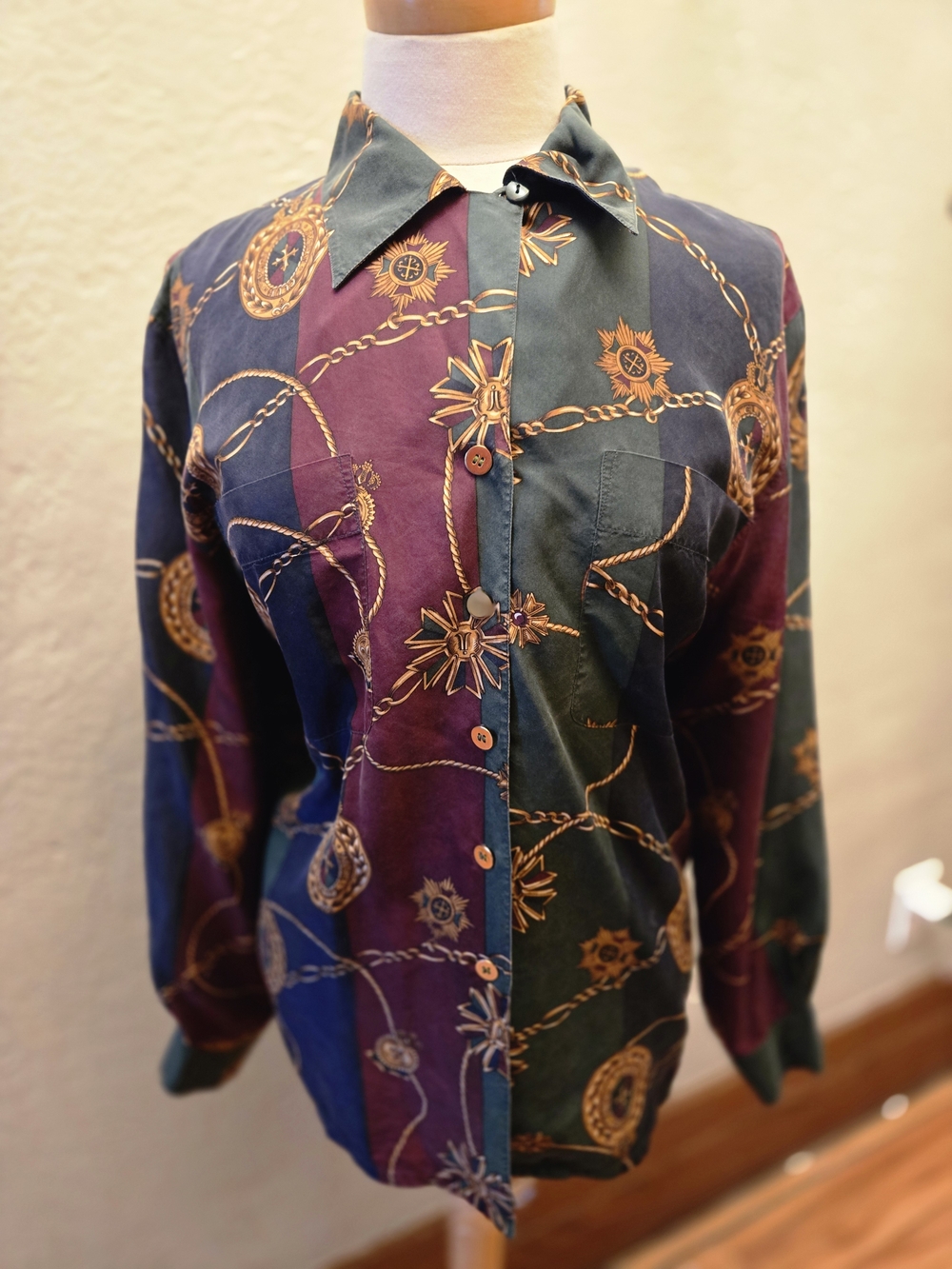 Vintage 100% Silk Button Up Shirt Equestrian Chain Print Ralph Lauren Style - Picture 2 of 10